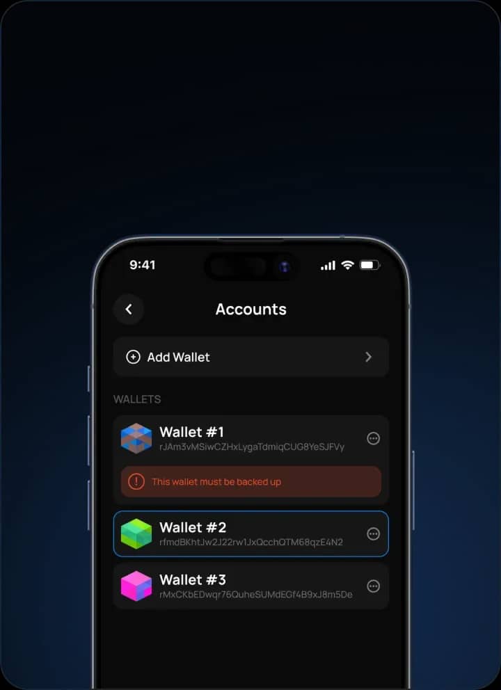 Katz Wallet account manager showing multiple XRPL wallets and backup status