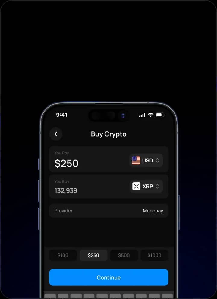Katz Wallet buy crypto screen for purchasing XRP with USD through a fiat on-ramp