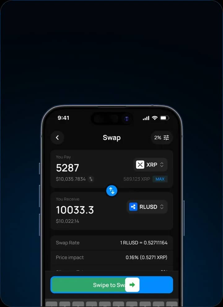 Экран обмена XRP на RLUSD в приложении Katz Wallet
