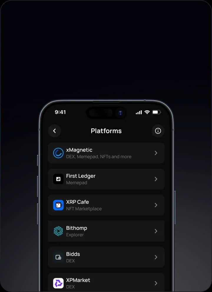 Каталог XRPL-платформ в Katz Wallet для подключения к dApps через WalletConnect.