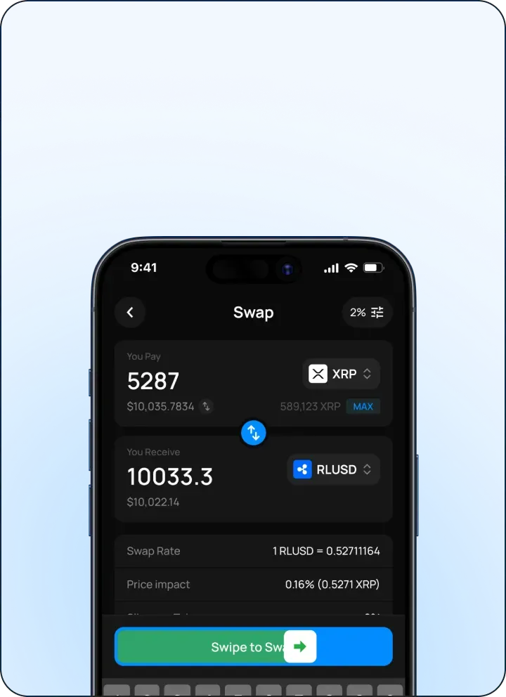 Katz Wallet mobile app showing a swap on the XRP Ledger