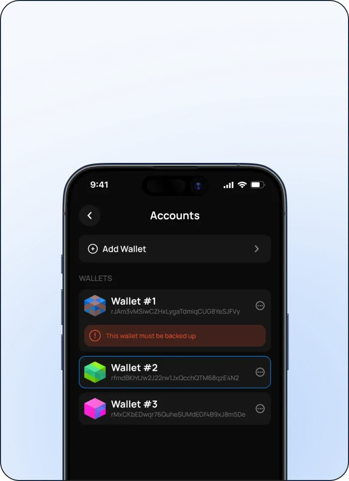 Katz Wallet account manager showing multiple XRPL wallets and backup status
