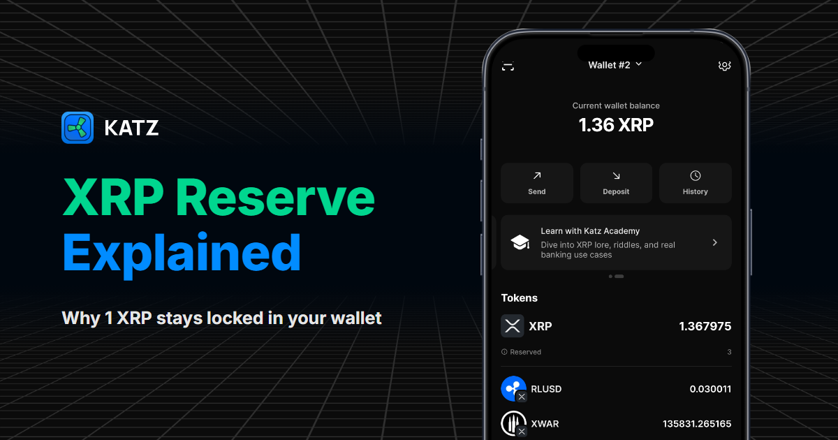 XRP Reserve Explained: Katz Wallet home screen with the Reserved line under the XRP balance